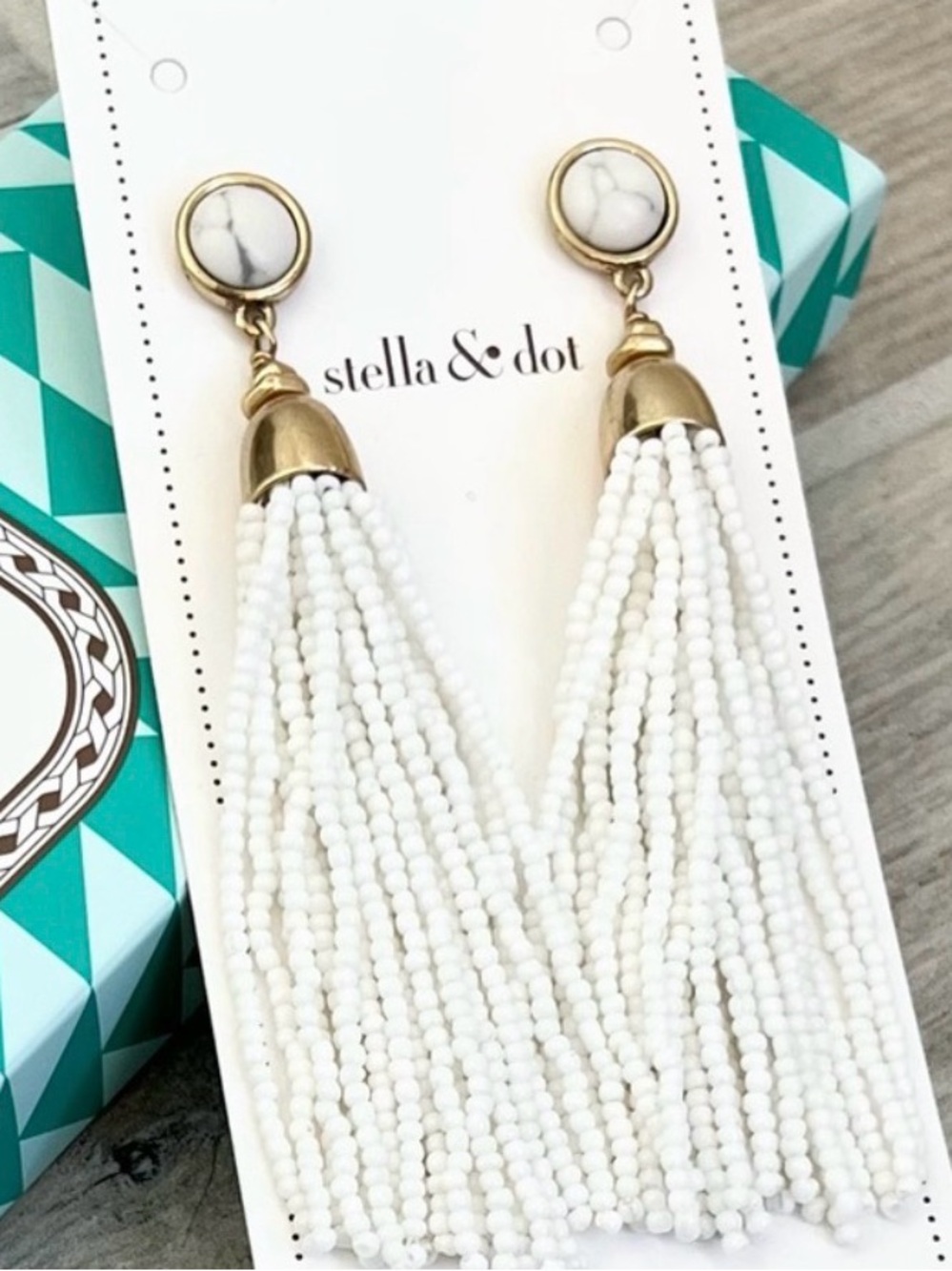 Stella & Dot White Beaded Tassel Earrings with Gold Accents